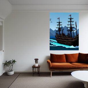 Pixel art, ship on the ocean   AI Art  Poster