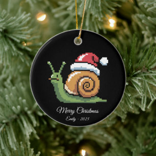 Pixel Art Snail Santa Hat Black Ceramic Tree Decoration