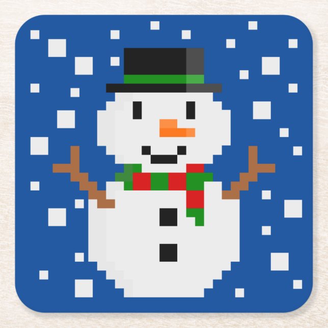 Pixel Art SNOWMAN 1 Square Paper Coaster (Front)