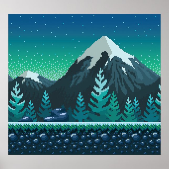 Pixel Art: Snowy Mountains Night. Poster (Front)