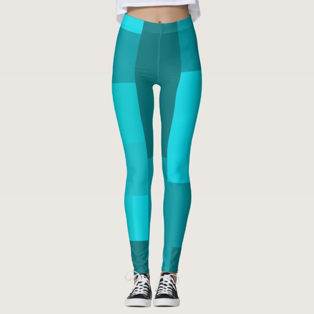  Pixel Art Style - Cool Teal Block Pattern Leggings (Front)