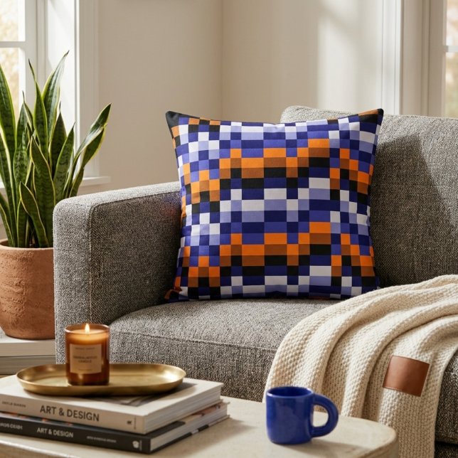 Pixel Art Throw Pillow – Blues, Orange & Earth (Creator Uploaded)
