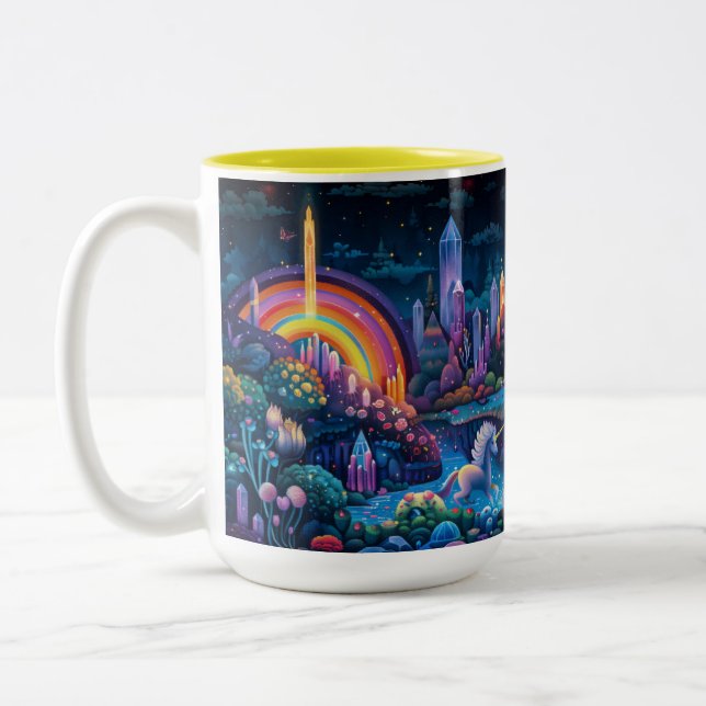 Pixel Art Unicorn Crystal Paradise Two-Tone Coffee Mug (Left)