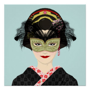 Pixel Art Venetian Mask Geisha Poster