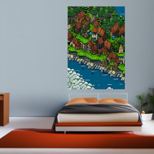 Pixel art, Viking town forest river   AI Art  Poster