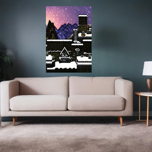 Pixel art, village town in snowy mountain   AI Art Poster