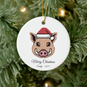 Pixel Art Wild Boar Warthog Santa Hat Gift Ceramic Tree Decoration