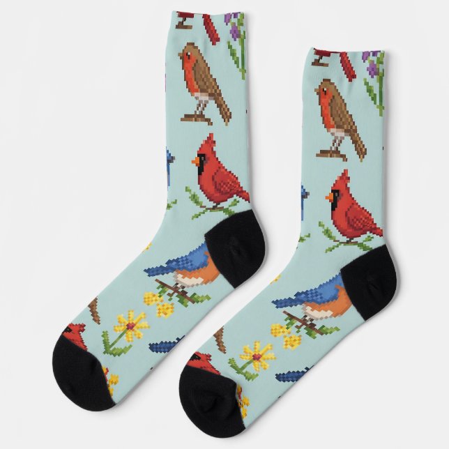 Pixel Birds and Flowers Socks (Left)
