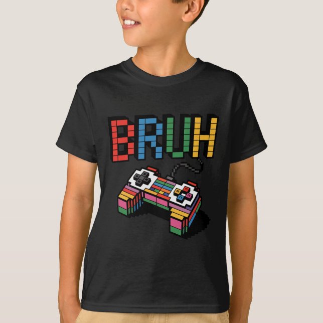 Pixel Block Gamer Controller Bruh Funny Retro Styl T-Shirt (Front)