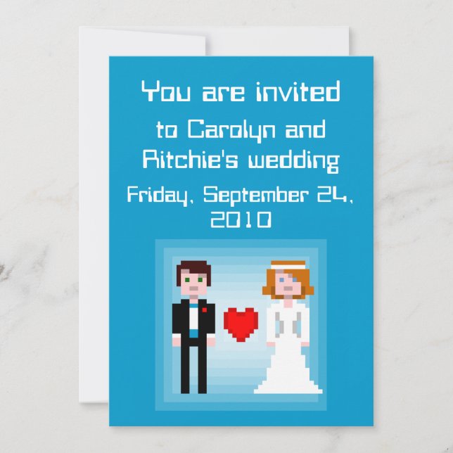 Pixel Bride and Groom - Wedding Invitation - Blue (Front)