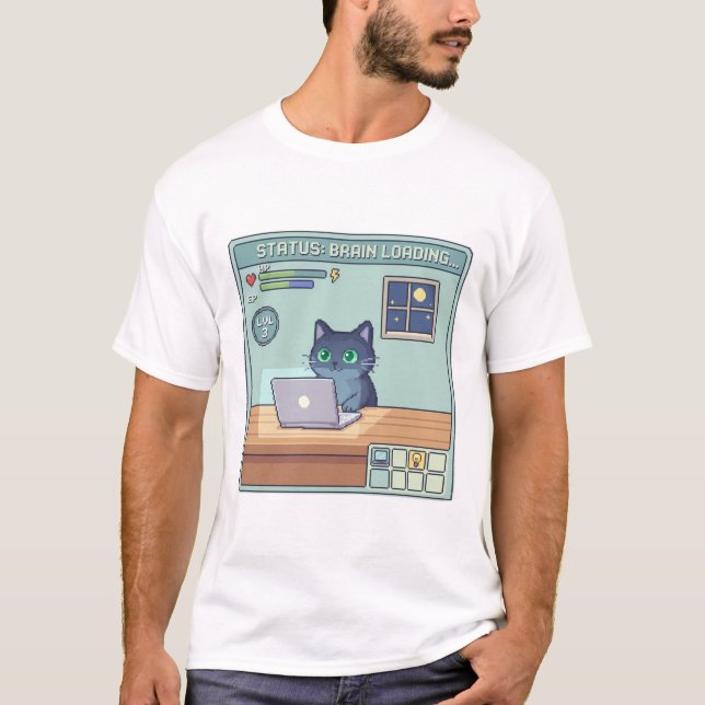 Pixel Cat Brain Loading – Funny Retro Gamer Cat T-Shirt (Front)