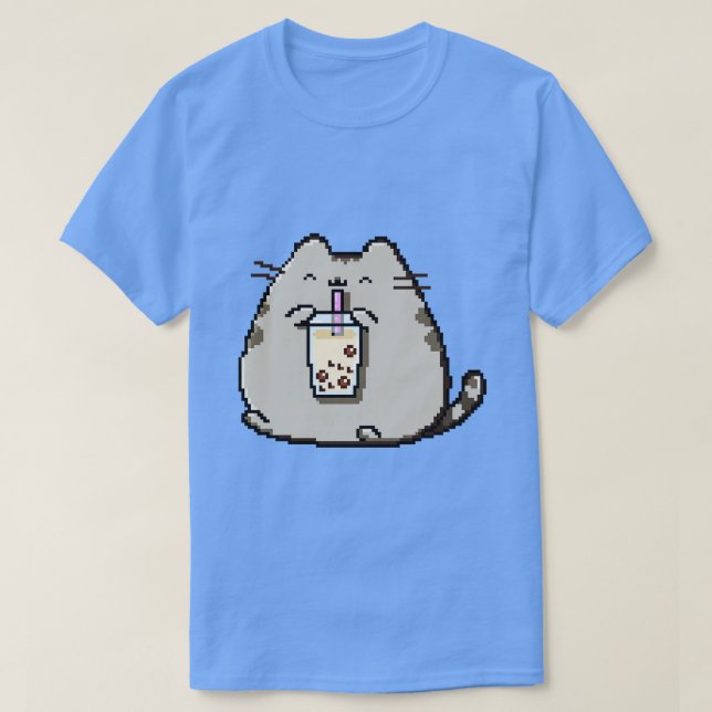 Pixel Chubby Cat Loves Boba Tea T-Shirt (Design Front)
