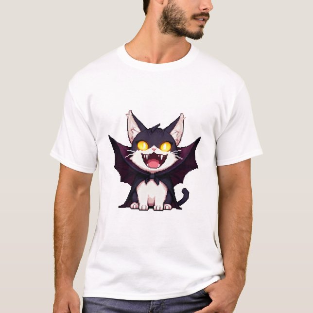 Pixel Dracula Cat – Laugh Cute Vampire 8-Bit Cat T-Shirt (Front)