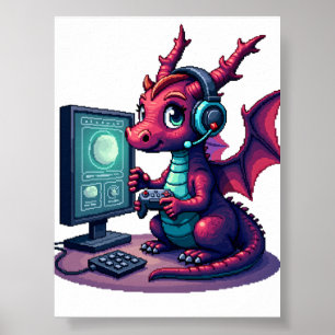 Pixel Dragon Gamer Sticker Retro Gaming Nostalgia Poster