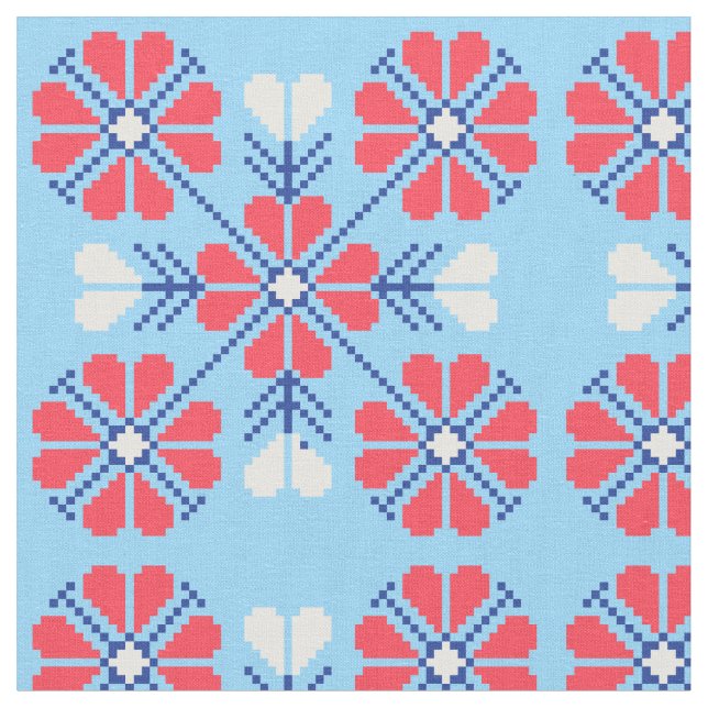 Pixel Folk Flowers Pattern Fabric (Close Up)