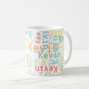 Pixel font repeating colour names all-over white coffee mug
