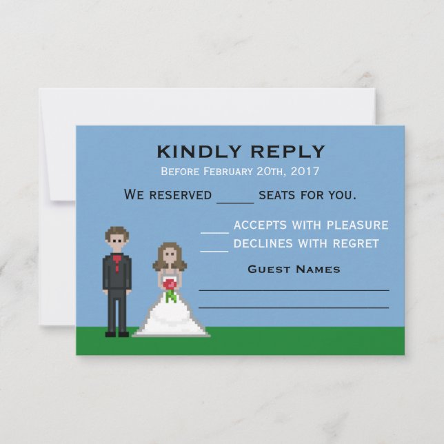 Pixel Gamer Bride & Groom Wedding RSVP Cards (Front)
