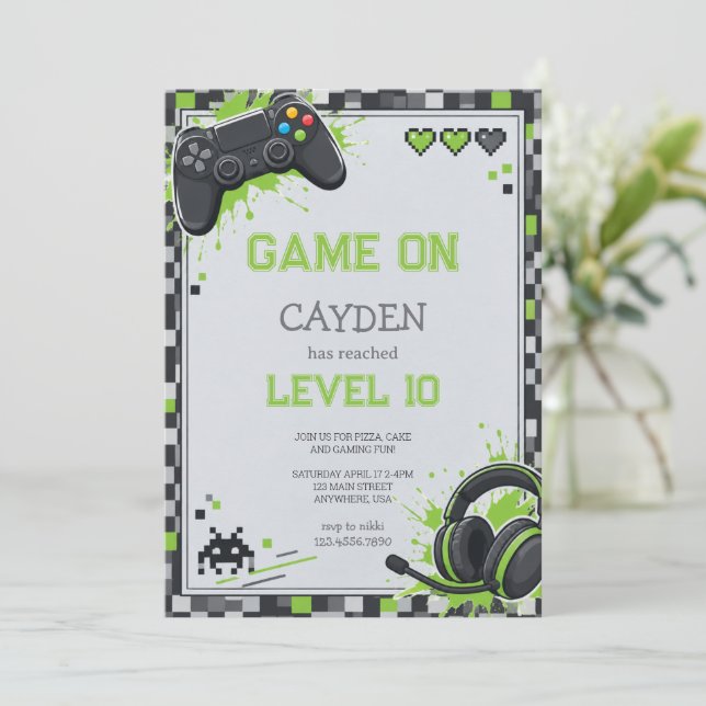 Pixel Gamer Controller Party Birthday Invitation (Standing Front)