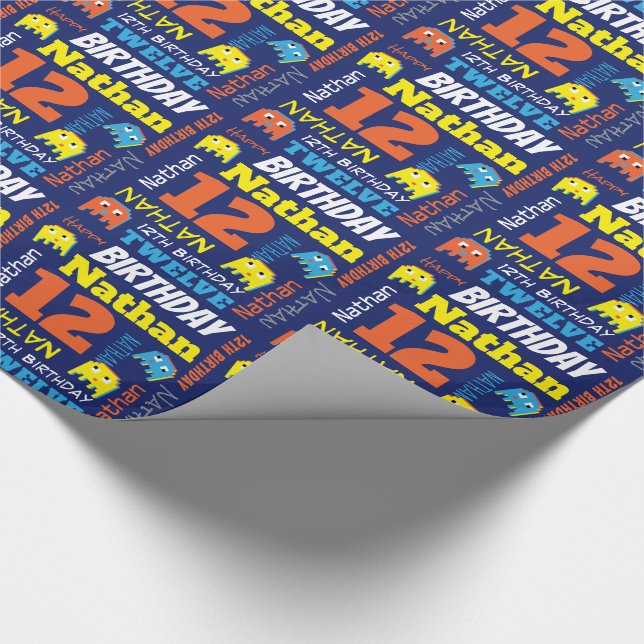 Pixel gaming alien 12th birthday bright custom wrapping paper (Corner)