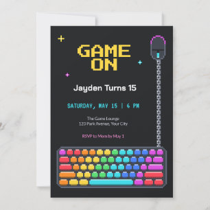 Pixel Gaming Keyboard 15th Birthday Invitation