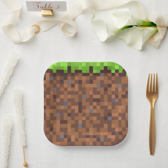 Pixel grass gamer birthday  paper plate (Wedding)