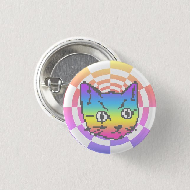 PIXEL KITTY CAT PSYCHEDELIC RAINBOW BUTTON (Front & Back)