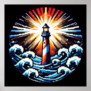 Pixel Lighthouse in Stormy Seas Poster