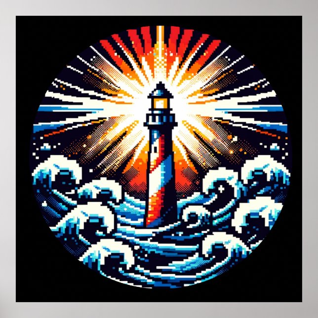 Pixel Lighthouse in Stormy Seas Poster (Front)