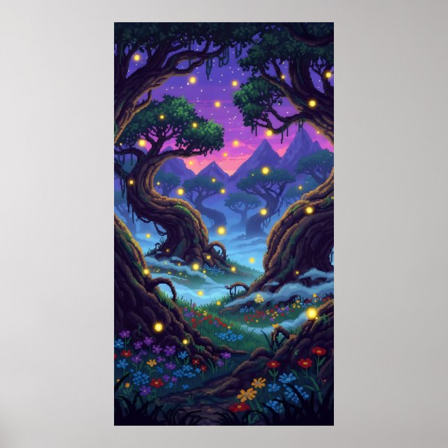 Pixel magic forest with flashing fireflies  poster (Front)
