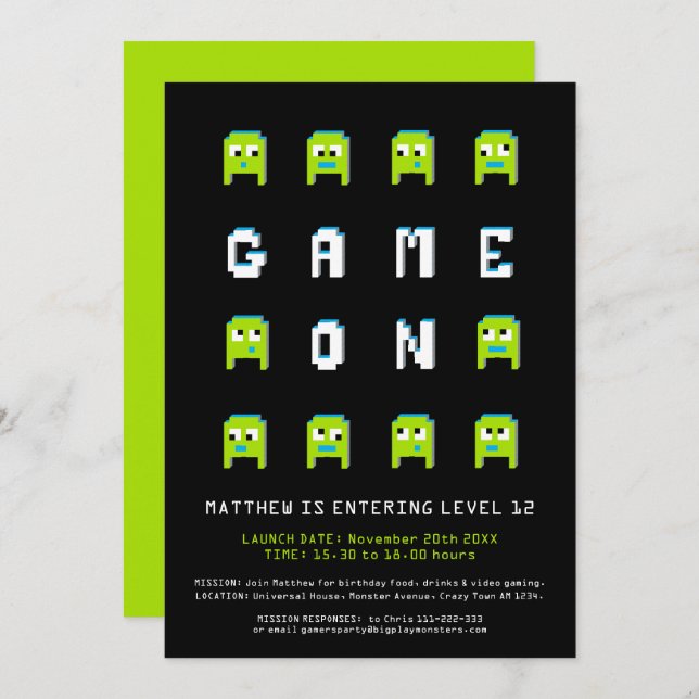 Pixel monster alien 12th gaming birthday party invitation (Front/Back)