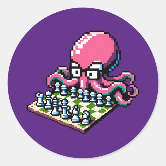 Pixel Octopus Chess Retro Strategy Board Game Art Classic Round Sticker (Front)