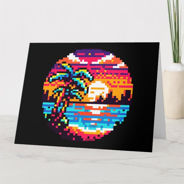 Pixel Paradise: 8-Bit Tropical Sunset Retro Nature Card (Front)