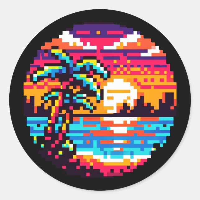 Pixel Paradise: 8-Bit Tropical Sunset Retro Nature Classic Round Sticker (Front)