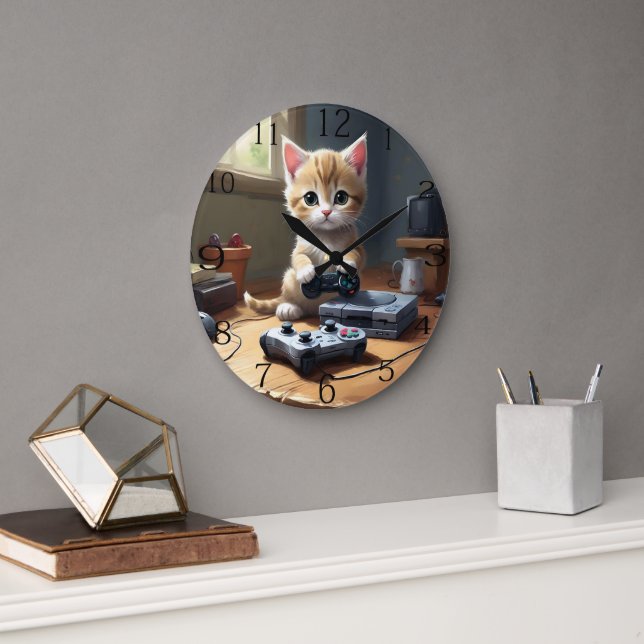 "Pixel Paws: The Gamer Kitten in Action" Large Clock (Office)
