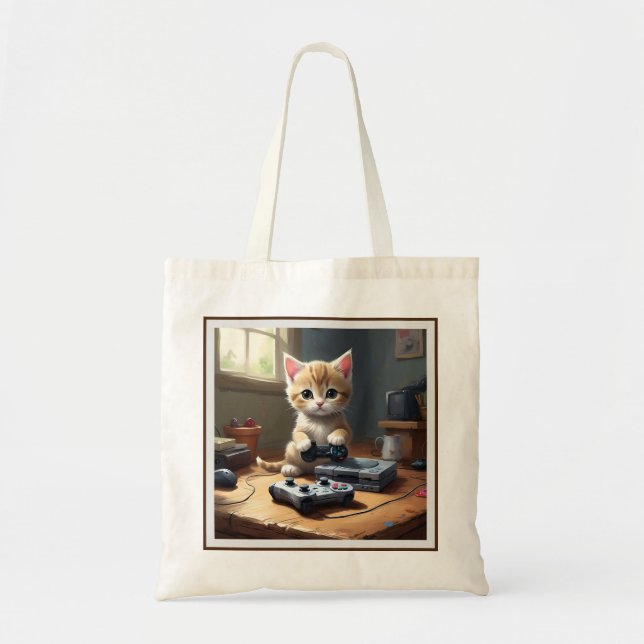 "Pixel Paws: The Gamer Kitten in Action" Tote Bag (Front)