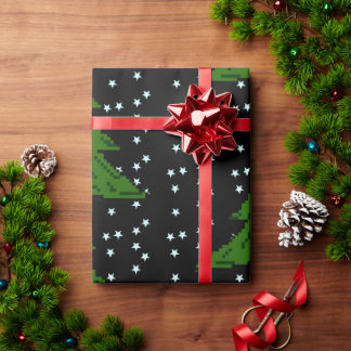 Pixel Pine Forest Starry Night Wrapping Paper