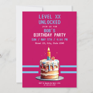 Pixel Pink & Blue Cake Gaming Birthday Invitation
