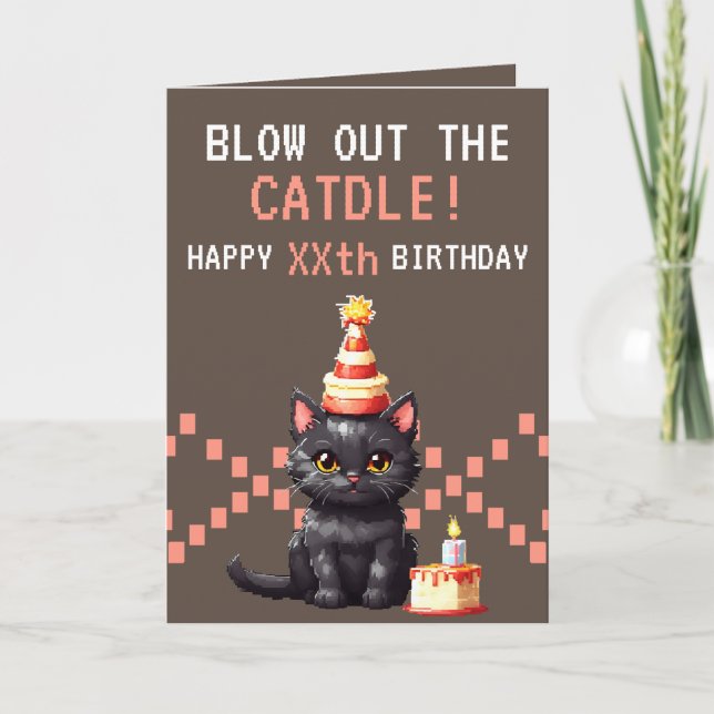 Pixel Pink & Brown Cat Cake Gamer Birthday Card (Front)