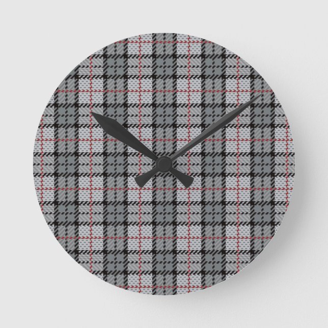 Pixel Plaid in Grey with Red Stripe Round Clock (Front)
