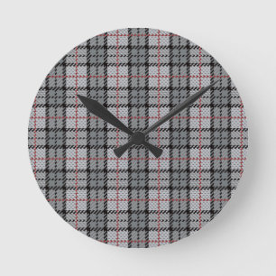 Pixel Plaid in Grey with Red Stripe Round Clock