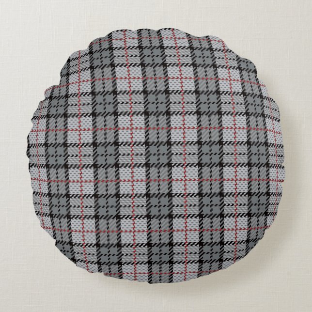 Pixel Plaid in Grey with Red Stripe Round Cushion (Front)