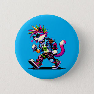 Pixel Punk Cat - 8-Bit Heart & Retro Style 6 Cm Round Badge
