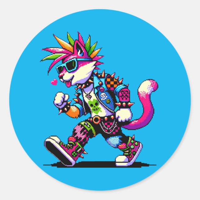 Pixel Punk Cat - 8-Bit Heart & Retro Style Classic Round Sticker (Front)