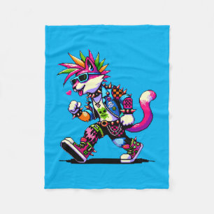 Pixel Punk Cat - 8-Bit Heart & Retro Style Fleece Blanket