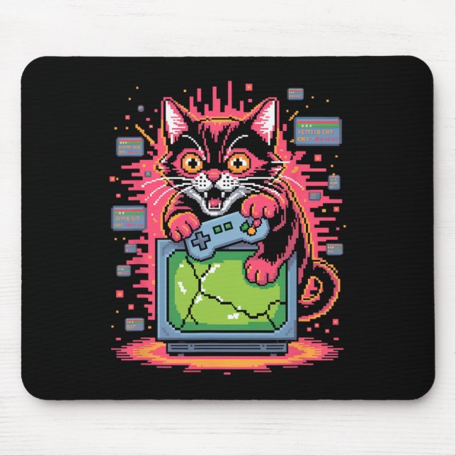 Pixel Rage Cat Retro Gamer Glitch In 8-bit Style 1 Mouse Pad (Front)