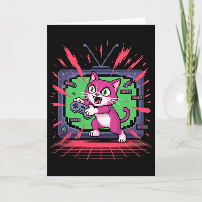 Pixel Rage Cat Retro Gamer Glitch In 8-bit Style 2 Card (Front)