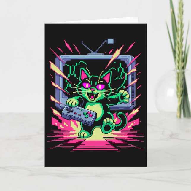 Pixel Rage Cat Retro Gamer Glitch In 8-bit Style  Card (Front)