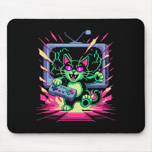 Pixel Rage Cat Retro Gamer Glitch In 8-bit Style  Mouse Pad (Front)
