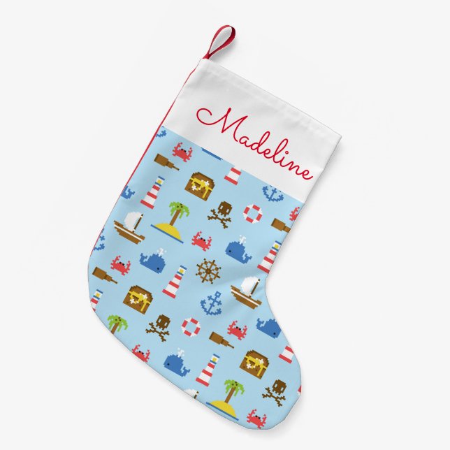 Pixel Sea Art Pattern | Add Your Name Small Christmas Stocking (Front (Hanging))