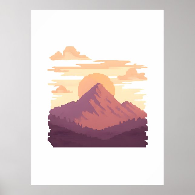 Pixel Sunrise Mountain – Calm Pixel Landscape Poster (Front)